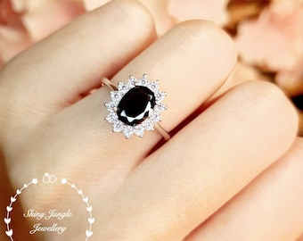 Halo Oval Cut Black Spinel Engagement Ring, 6*8 mm Faceted Black Spinel Promise Ring, Gothic Opaque Black Gemstone Ring, Princess Diana Ring