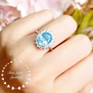 Diana Halo 3 Carats Aquamarine Engagement Ring, 8*10 mm Oval Cut Aquamarine Ring, March Birthstone Promise Ring, Pastel Blue Gemstone Ring