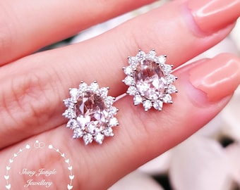 Diana Halo Oval Morganite Stud Earrings, 2 Carats 6*8 mm Pastel Warm Pink Morganite Earrings, Classic Bridal Earrings, Sterling Silver Studs