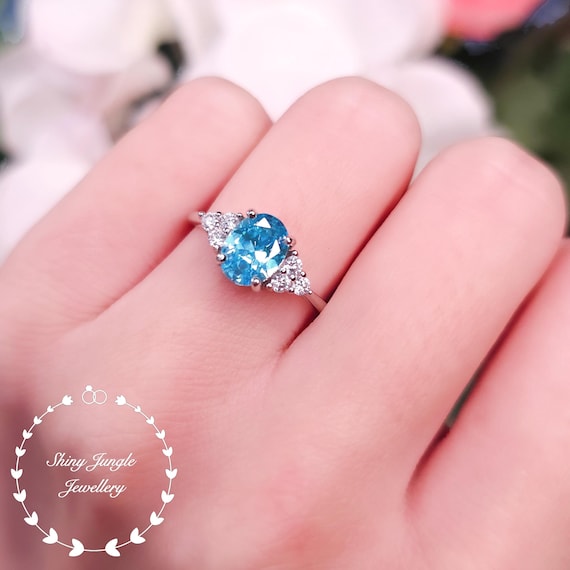 14k White Gold Blue Topaz Solitaire Ring - December Birthstone, Genuine Gemstone (Size 6)