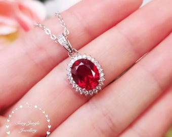 Royal Halo Genuine Lab Grown Ruby Necklace, 3 carats 8*10 mm Oval Cut Ruby, July Birthstone Pendant, Princess Diana Necklace, Red Gemstone