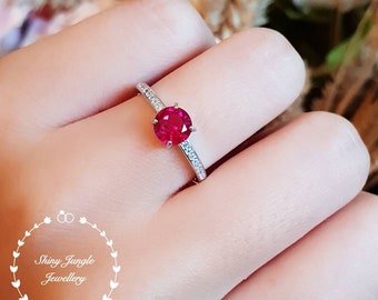 Delicate 1 carat round cut genuine lab grown ruby engagement ring, white/rose gold plated silver, red gemstone ring,dainty everyday ring