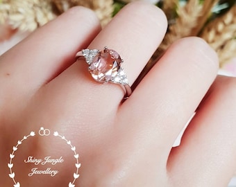 Morganite Engagement Ring, 3 Carats 8*10 mm Oval Cut Three Stone Morganite Ring, Orangy Pink Gemstone Ring, Morganite Promise Ring