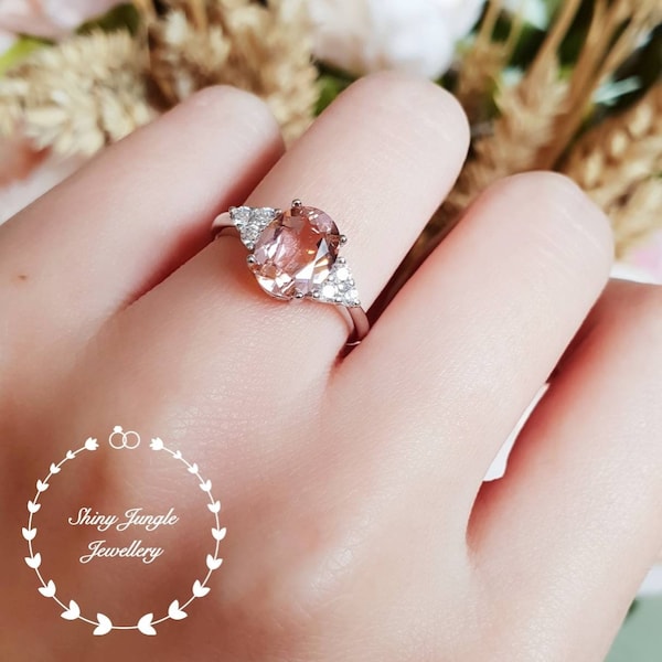 Morganite Engagement Ring, 3 Carats 8*10 mm Oval Cut Three Stone Morganite Ring, Pink Gemstone Ring, Sterling Silver Morganite Promise Ring
