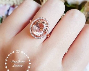 Statement Morganite ring, halo engagement ring, 5 carat oval cut lab morganite, solitaire ring, pink gemstone ring, white/rose gold plated