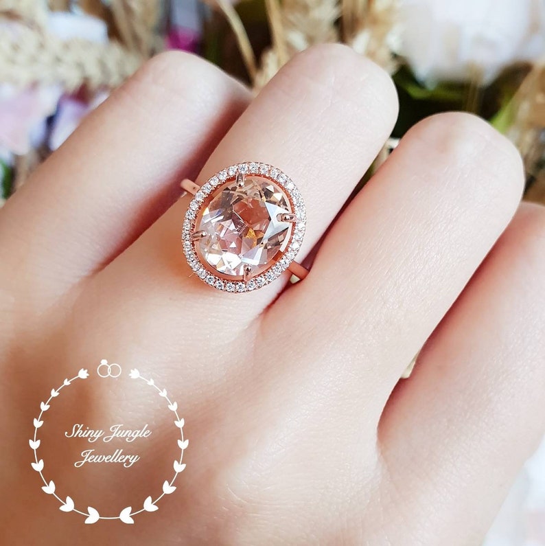 pink gemstone ring 5 carat oval cut lab morganite Statement Morganite ring whiterose gold plated halo engagement ring solitaire ring