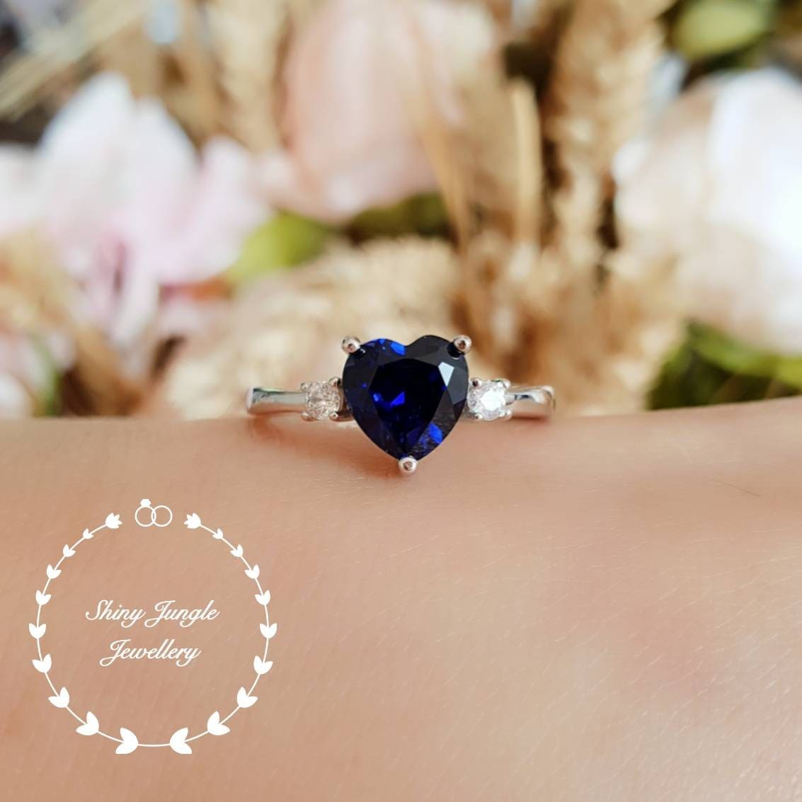 Genuine Lab Grown Heart Shaped Royal Blue Sapphire Engagement Ring
