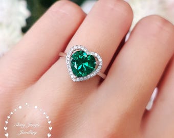 Heart Cut Halo Emerald Ring, 2 Carats 8 mm Heart Shaped Emerald Engagement Ring, May Birthstone Promise Ring, Green Gemstone Ring