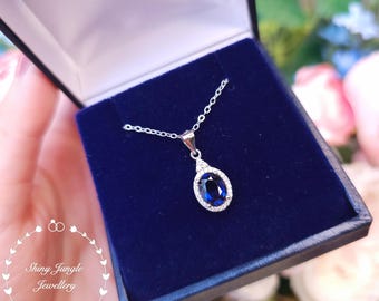 Oval Genuine Lab Grown Royal Blue Sapphire Pendant with Diamond Simulant Delicate Halo, 2 Carats 6*8 Sapphire Necklace, September Birthstone