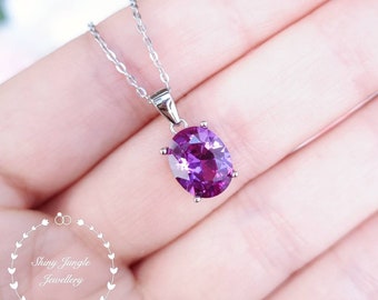 Oval Alexandrite Necklace, 3 Carat 8*10 mm Lab Alexandrite Pendant with Chain, Purple Colour Changing Gemstone Pendant, June Birthstone Gift