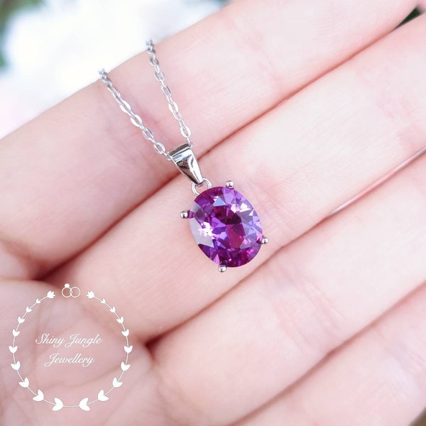 Oval Alexandrite Necklace, 3 Carat 8*10 mm Lab Alexandrite Pendant with Chain, Purple Colour Changing Gemstone Pendant, June Birthstone Gift