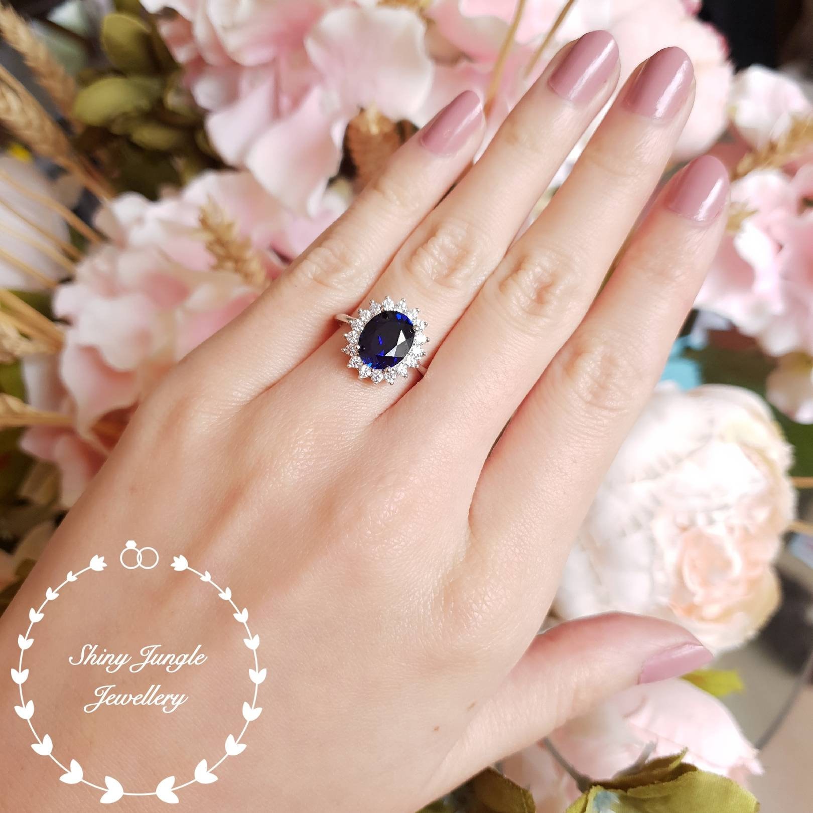 Royal Blue Sapphire Engagement Ring Princess Diana Ring Cluster
