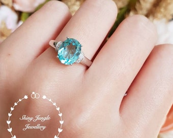 3 Carats Paraiba Tourmaline Ribbon Design Engagement Ring, 3 Carats Light Teal Green Tourmaline Solitaire Ring, Turquoise Stone Promise Ring