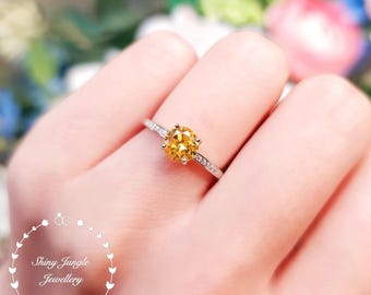 Round Yellow diamond engagement ring, delicate 1 carat fancy yellow diamond simulant ring, yellow stone ring, solitaire ring, promise ring