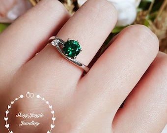 Dainty emerald ring, round emerald ring, lab emerald ring, emerald engagement ring, white gold plated sterling silver, green gemstone ring