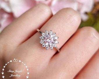 Bague en diamant Flower Halo, bague de fiançailles en diamant rond de 1 carat 1 carat 6mm, bague de promesse simulant en diamant, cadeau en pierre de naissance d’avril