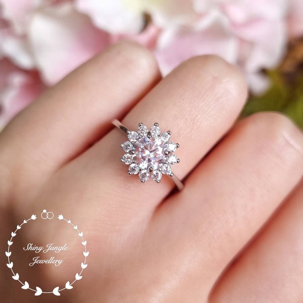 Flower Halo Diamond Ring, Halo 1 carat 6mm Round Brilliant Cut Diamond Engagement Ring, Diamond Simulant Promise Ring, April Birthstone Gift