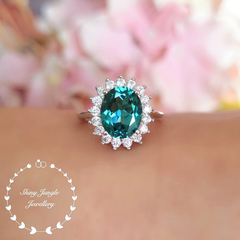 Halo 3 Carats Oval Cut Indicolite Tourmaline Engagement Ring, Teal Green Tourmaline Ring, Deep Turquoise Tourmaline Ring, October Birthstone image 5