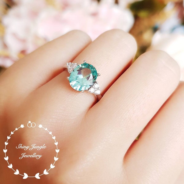 Bague tourmaline Paraiba, bague tourmaline verte, bague tourmaline Paraiba trois pierres, argent sterling plaqué or blanc, bague sarcelle taille ovale