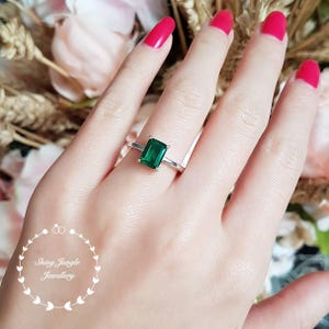 Emerald cut emerald ring, 2 carats 68 mm Emerald Cut Engagement ring, white gold plated sterling silver, green gemstone ring, square cut image 2