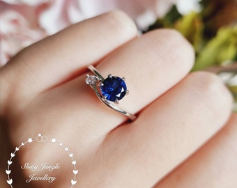 Genuine Lab Grown Round Cut Dainty Sapphire Engagement Ring, Delicate 1 carat 6*6 mm Sapphire Promise ring, wavy band, September Birthstone