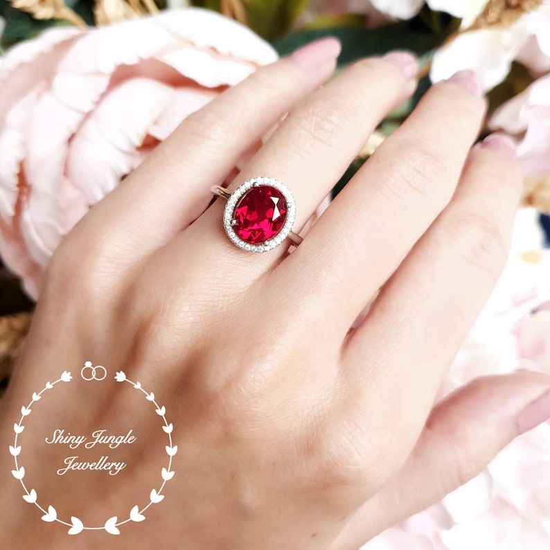 Modern Halo Ruby Engagement Ring, 3 carats 810 mm Oval Cut Genuine Lab Grown Pigeons Blood Ruby, Red Gemstone Ring, July Birthstone Gift image 2