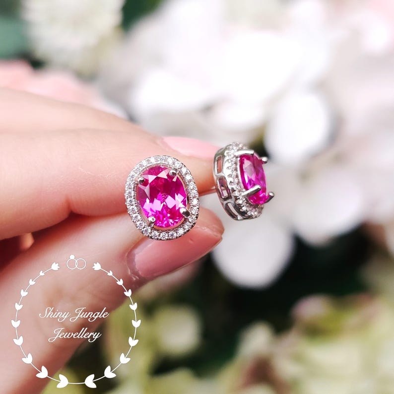 Modern Halo Hot Pink Sapphire Earrings, 2 Carats Genuine Lab Grown Pink Sapphire Stud Earrings, Sterling Silver image 4