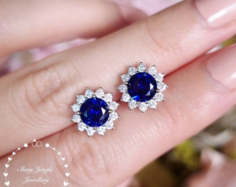 Flower Halo Genuine Lab Grown Royal Blue Sapphire Stud Earrings, 1 Carat Round Halo Sapphire Earrings, Blue Bridal Earrings