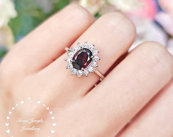 2 Carats Diana Halo Garnet Engagement Ring, 6*8 mm Oval Cut Deep Red Lab Garnet Halo Ring, January Birthstone Promise Ring