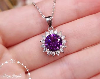 Flower Halo Round Amethyst Pendant, 2 Carats 8mm Round Cut Amethyst Solitaire Necklace, February Birthstone Gift, Purple Gemstone Necklace