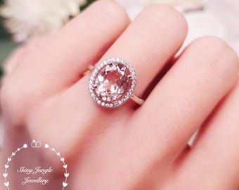 Modern Halo Oval Morganite Engagement Ring, 3 Carats 8*10 mm Halo Morganite Promise Ring, Pastel Pink Gemstone Ring