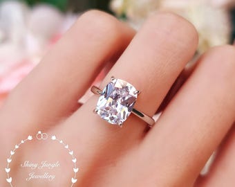 Old Mine Cushion Cut Diamond Engagement Ring, 3 Carats 8×10 mm Diamond Simulant Solitaire, April Birthstone Promise Ring