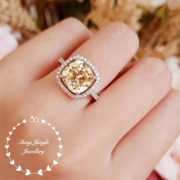 Halo-gelber Diamant-Ring, Verlobungsring, 3 Karat Kissen Phantasie gelbe Diamantring, Pastell gelb Ring, gelber Diamant Solitär-ring