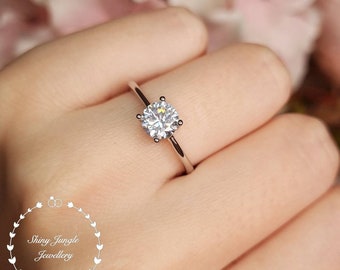 Diamond Engagement Ring, Simple Diamond Solitaire Ring, Round Brilliant Cut 1 carat 6mm Diamond Simulant Promise Ring, April Birthstone Gift