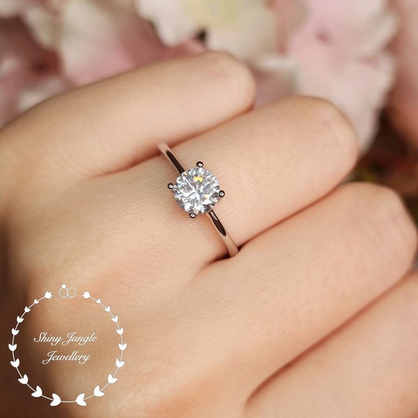 Diamond Engagement Ring, Simple Diamond Solitaire Ring, Round Brilliant Cut 1 carat 6mm Diamond Simulant Promise Ring, April Birthstone Gift