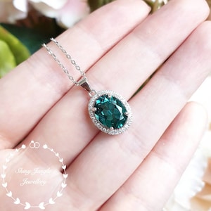 Modern Halo Indicolite tourmaline pendant, oval 3ct green tourmaline necklace, teal blue gemstone pendant, October birthstone necklace