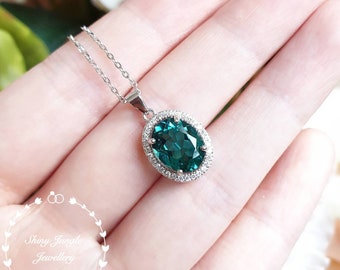 Modern Halo Indicolite tourmaline pendant, oval 3ct green tourmaline necklace, teal blue gemstone pendant, October birthstone necklace