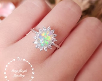 Halo Opal engagement ring, 7*9 mm white opal cabochon ring with diamond simulants halo, October Birthstone promise ring,  modern Opal ring