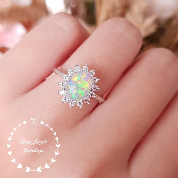 Halo Opal engagement ring, 7*9 mm white opal cabochon ring with diamond simulants halo, October Birthstone promise ring,  modern Opal ring