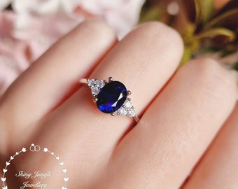 Oval Sapphire Ring, Genuine Lab Grown 2 Carats 6*8 mm Royal Blue Sapphire Three Stone Engagement Ring, September Birthstone Promise Ring