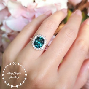 Halo 3 Carats Oval Cut Indicolite Tourmaline Engagement Ring, Teal Green Tourmaline Ring, Deep Turquoise Tourmaline Ring, October Birthstone image 2