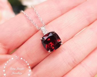 Cushion Cut Garnet Solitaire Necklace, 3 carats 10*10 mm Deep Red Gemstone Pendant, January Birthstone, Valentines Gift with box