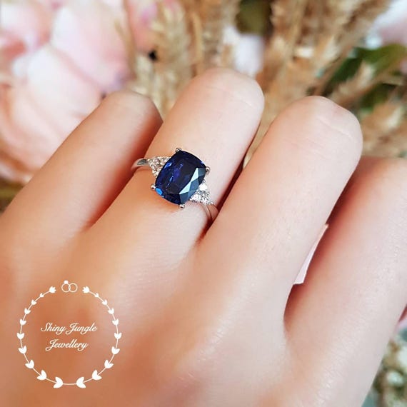 Royal Blue Lab Sapphire Engagement Ring Three Stone Sapphire Etsy