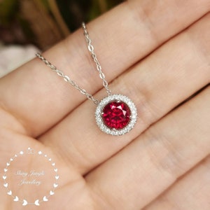 Ruby Necklace, Halo 1 Carat 6 mm Round Cut Genuine Lab Grown Ruby Necklace, July Birthstone Pendant Gift, Delicate Red Gemstone Necklace