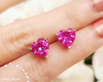 Hot Pink Heart Shaped Genuine Lab Grown Sapphire Stud Earrings, 2 Carats Pink Sapphire Heart Earrings, Pink Hearts Studs, Bridal Earrings