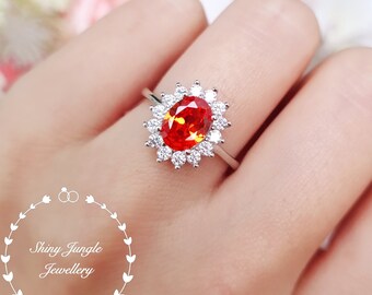 2 Carats Diana Halo Mandarin Garnet Engagement Ring, 6*8 mm Oval Cut Vivid Orange Mandarin Spessartite Promise Ring, January Birthstone Gift