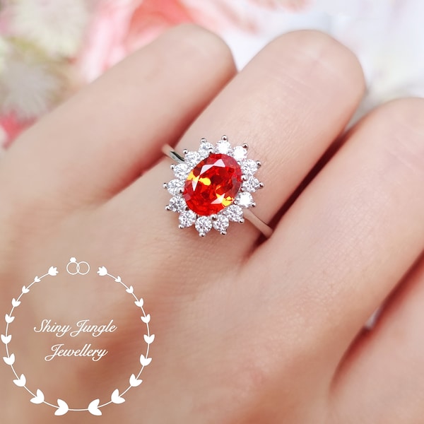 2 Carats Diana Halo Mandarin Garnet Engagement Ring, 6*8 mm Oval Cut Vivid Orange Mandarin Spessartite Promise Ring, January Birthstone Gift