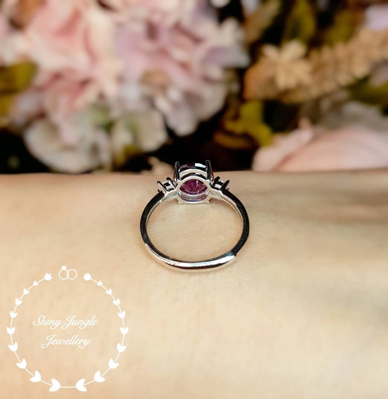 Alexandrite Ring, 2 carats 8 mm Round Cut Alexandrite Three Stone Engagement Ring, June Birthstone Promise Ring, Colour Changing Gemstone image 6