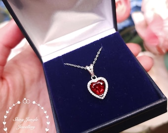 Heart Cut Ruby Necklace, Halo Heart Shaped 2 carats 8*8 mm Genuine Lab Grown Ruby necklace, July Birthstone promise gift, red heart pendant