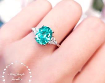 Three Stone Paraiba Tourmaline Engagement Ring, Oval 3 Carats 8*10 mm Bright Teal Tourmaline Ring, Blueish Green Tourmaline Promise Ring
